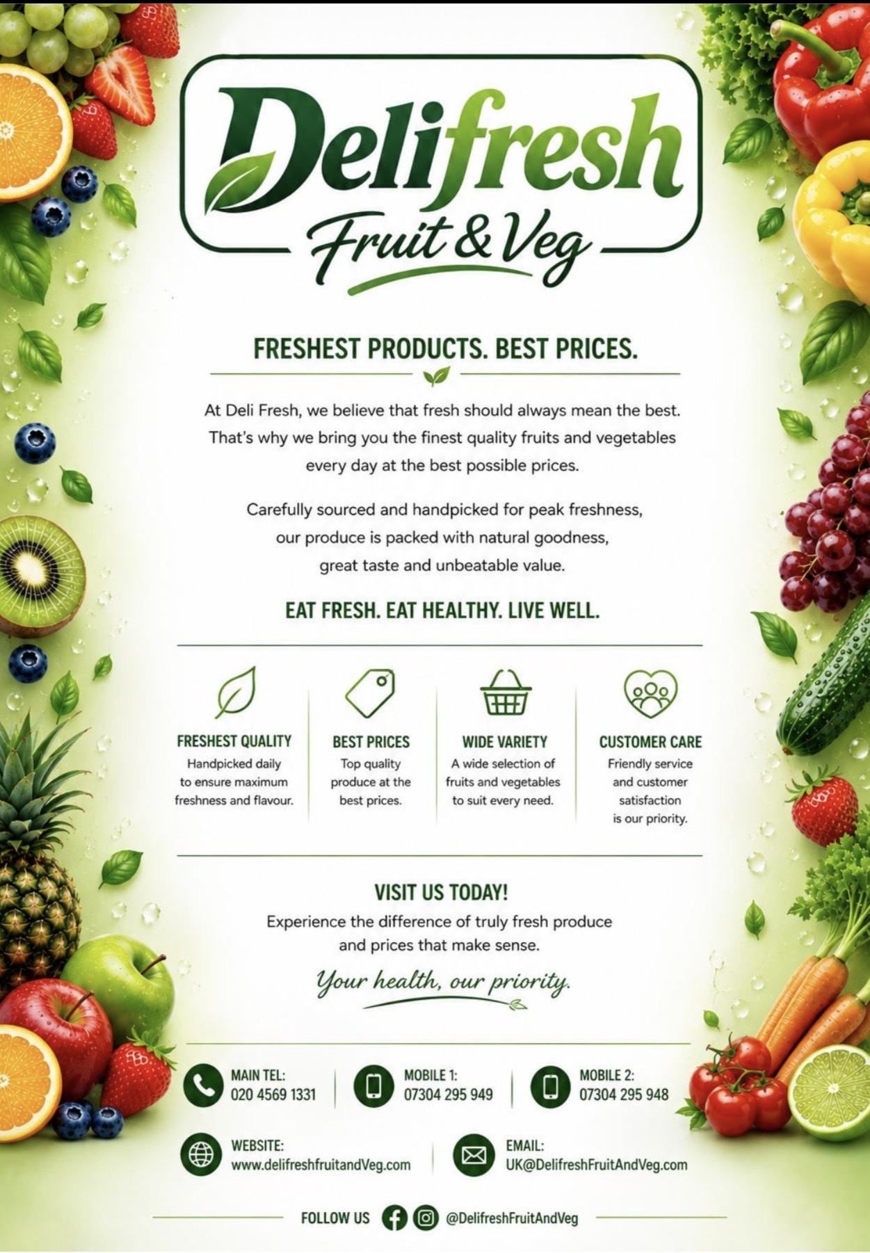 Deli Fresh Fruit & Veg promotional flyer showing fresh produce, company logo and contact details