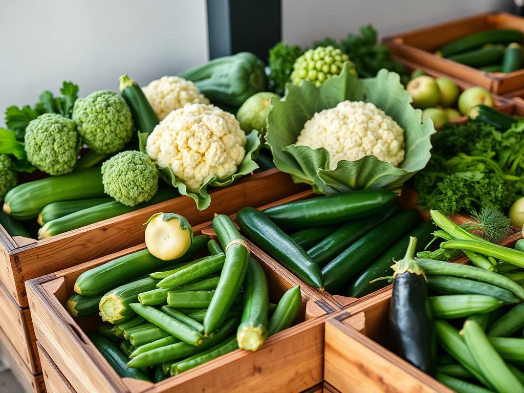 Fresh green vegetables packed in trade crates